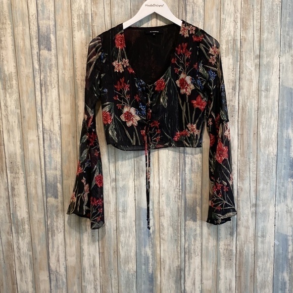 Olivaceous Womens Floral lace up front blouse with flare sleeves | Medium - Picture 2 of 10